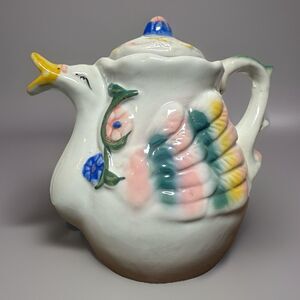 RARE Vintage Swan Goose Geese Duck Ceramic Colorful Unique Teapot Collectible